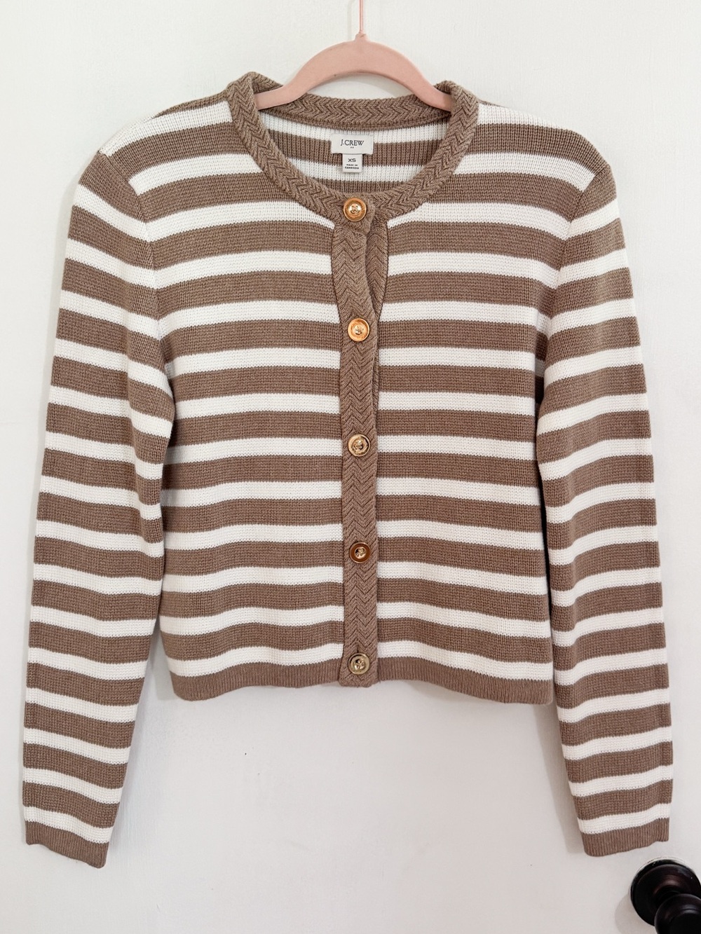 J. Crew Beige and White Striped Chunky Button Down Cardigan Sweater XS NWT - Picture 3 of 6